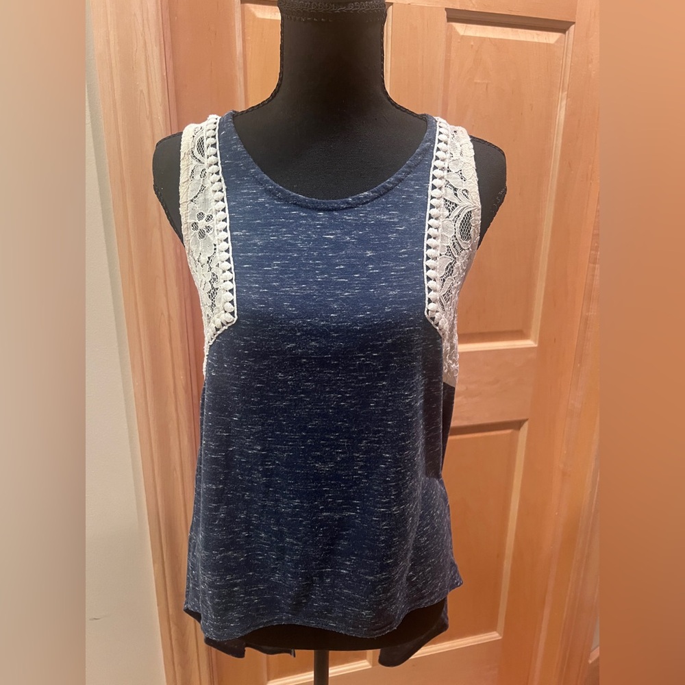 Charlotte Russe Blue Speckled Sleeveless Lace Inserts Tunic Asymmetrical Top S